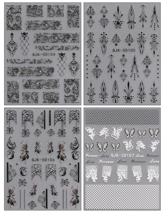 JMEOWIO 3D Embossed Black White Flower Nail Art Stickers Decals Self-Adhesive Pegatinas Uñas 5D Leaves Lace Nail Supplies Nail Art Design Decoration Accessories 4 Sheets