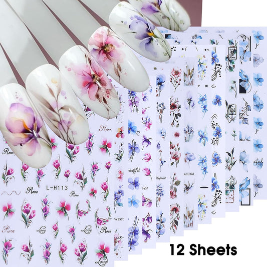 Ink Flower Nail Art Stickers 12 Sheets 3D Self-Adhesive Nail Decals with Tweezers Watercolor Floral Leaves Stickers Charming Blossom Flowers Designs Nail Art Supplies Manicure Accessories for Women