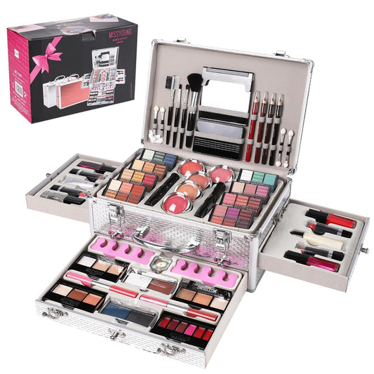 All in One Makeup Kit for Teens, 106 Pcs Professional Makeup Kit for Women Full Kit, Include Eyeshadow Palette, Lipstick Set, Concealer, Foundation, Lipgloss, Makeup Brush(Silver)