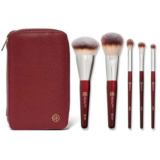 BK BEAUTY Travel Brush Set with Pouch 5-Piece Vegan, Cruelty-Free Brushes for Face & Eyes | Lightweight, Durable Makeup Brushes in Vegan Leather Pouch Perfect Travel-Size Makeup Brush Set