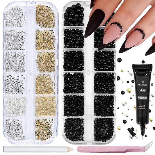 Nail Art Pearls with Rhinestones Glue Gel Flatback Pearls Nail Charms Luxurious Nails Supplies Accessories Gold Silver Gems Jewelry Pearl for Women Nails Design(Black)