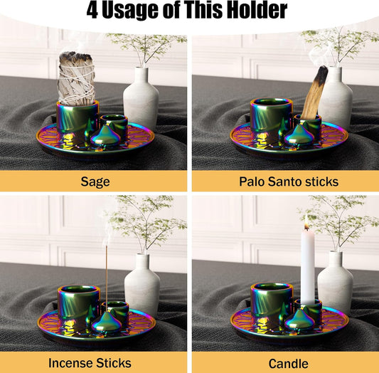 Palo Santo Holder - 4 in 1 Incense & Candle Holder - Ceramic Incense Holder Ash Catcher Tray for Meditation Room - Easy to Clean