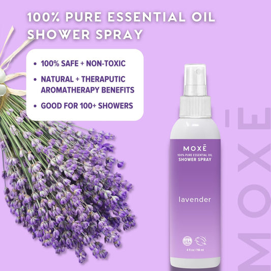 MOXE Lavender Oil Shower Mist, Spa Steam Spray, Certified Natural 100% Essential Oils, Made in USA, Aromatherapy, Tension Relief (4 FL Oz, Pack of 2)