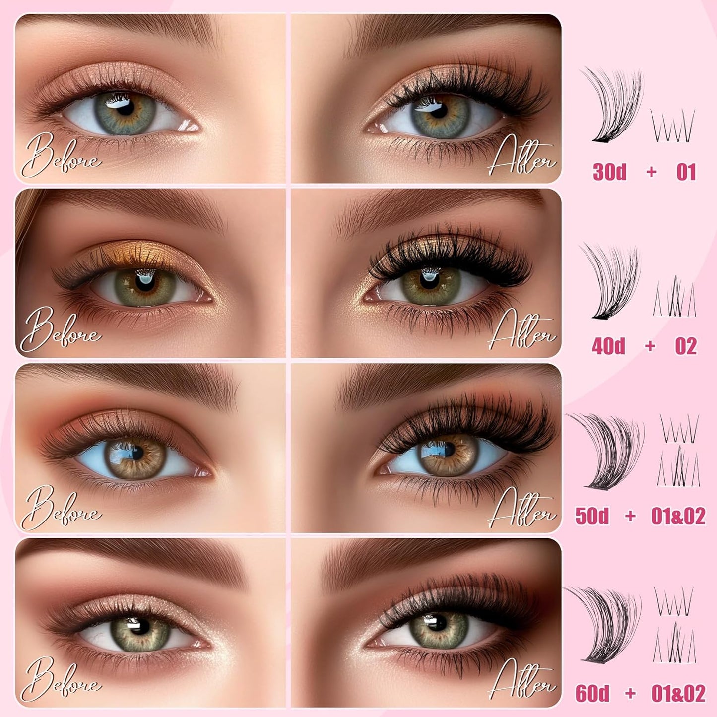 Lash Clusters - Lash Clusters with Bottom Lashes Lash Clusters 30D40D50D60D Fluffy Wispy EyeLash Clusters D Curl No Adhesives Included