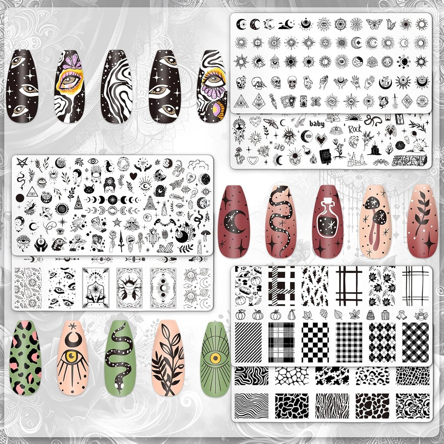 Whaline 6Pcs Gothic Halloween Nail Plates Stamping Set Skull Evil Eye Moon Stamp Templates Halloween Nail Art Plates for DIY Print Manicure Salon Design