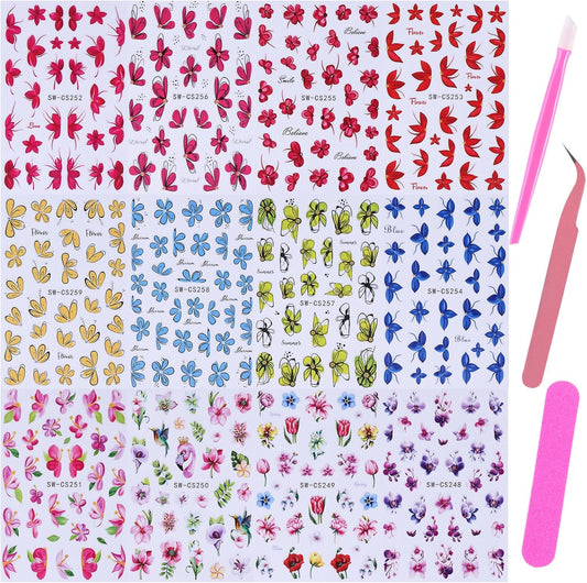 Flower Petal Nail Art Sticker 12 PCS Simple French Floral Nail Decals Lily Orchid Leaves Flamingo Designs with Tweezers Hot Pink Blue Purple Green Flower Sliders Nail Art Decoration DIY Accessories