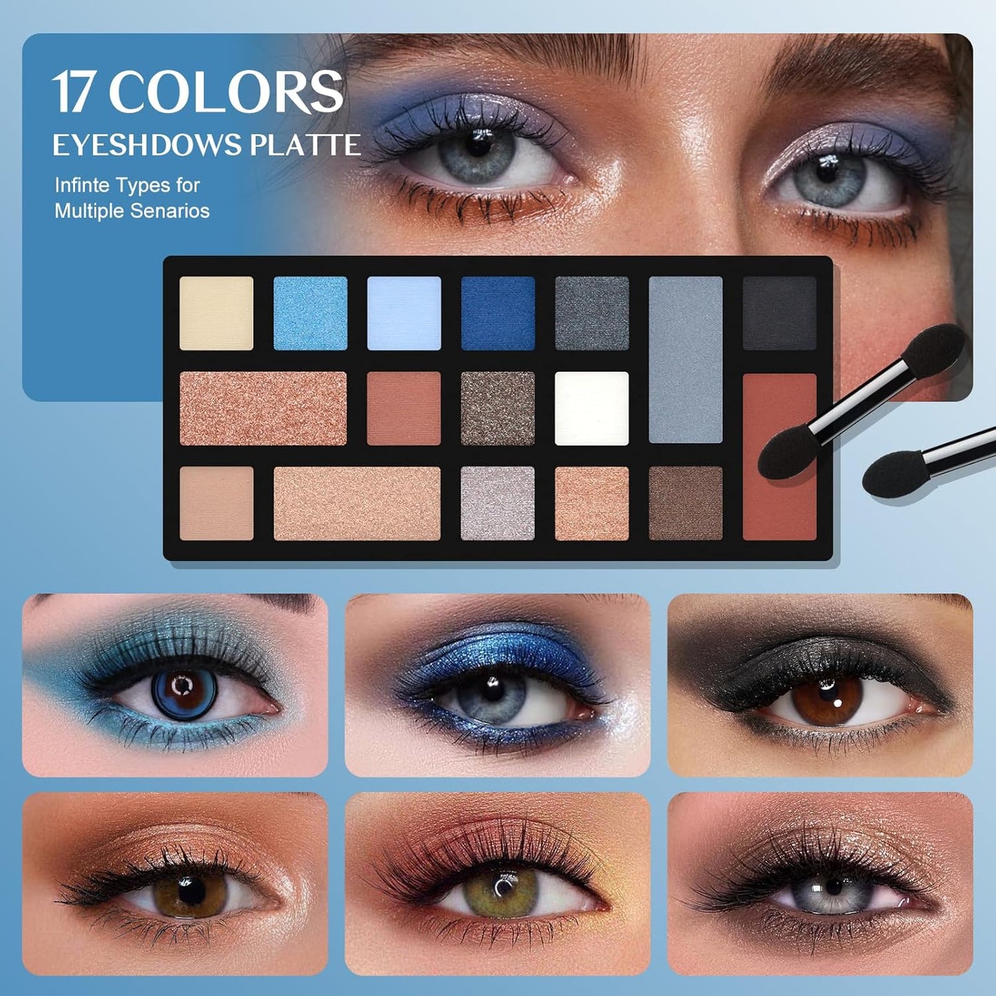 Color Nymph Beginner Makeup Kit For Teens, Girls Makeup kits With Recyclable And Key-Lockable Cabinet Included 17-Colors Eyeshadows Blushes Bronzer Highlighter Lipstick Brushes Mirror(Blue)