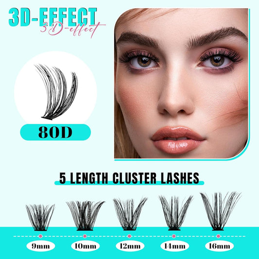 Lash Extension Kit 200PCS Lash Clusters Mix Eyelash Extension Kit with Waterproof Lash Bond and Remover,Individual Lashes with Lash Tweezers for Beginners at Home(80D,D-Mix9-16mm)