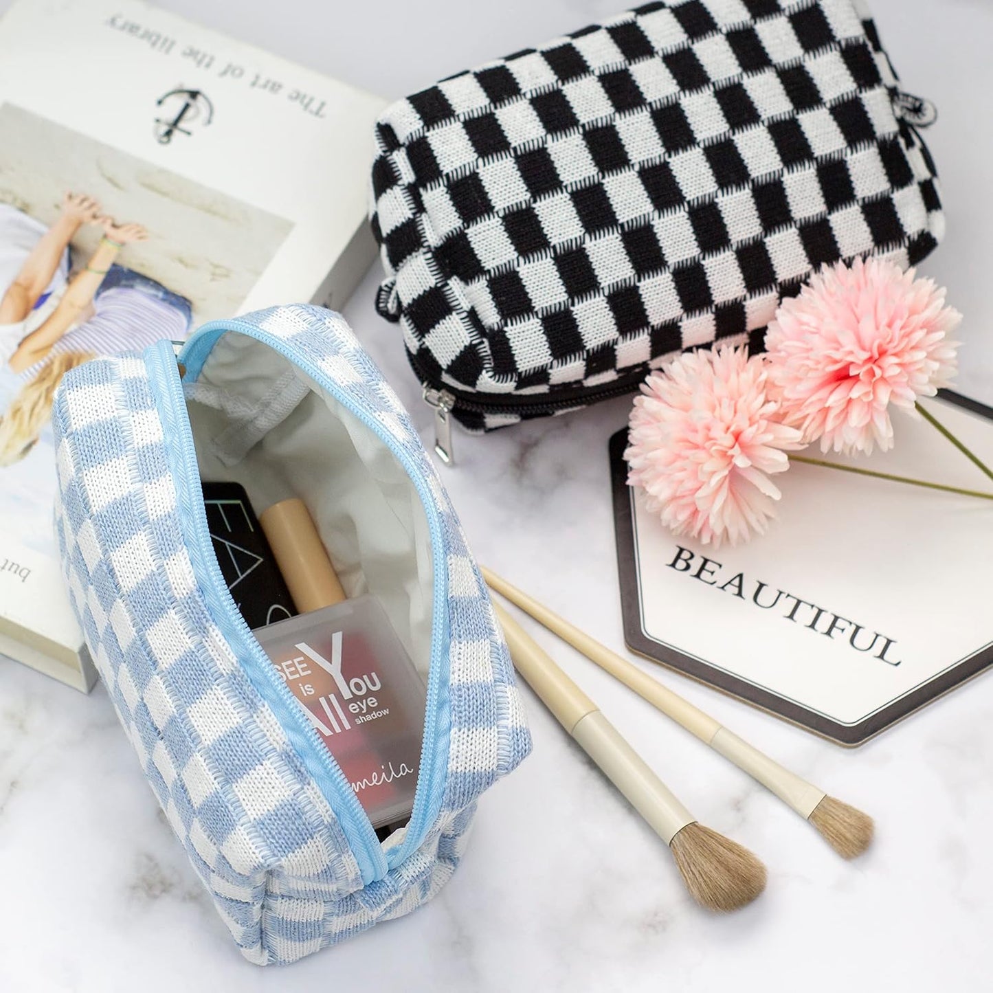 PAZIMIIK Checkered Makeup Bag for Purse Portable Zipper Make Up Pouch Small Cosmetic Case for Travel Accessories (6PCS Colorful)