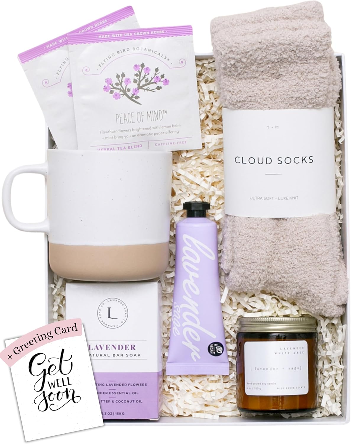 Unboxme Lavender Spa Gift Set - Relaxation Gifts For Women - Get Well Soon Gift Basket with Scented Candle, Bath Bomb, Soap ("Get Well Soon" Greeting Card, Classic Lavender Collection)