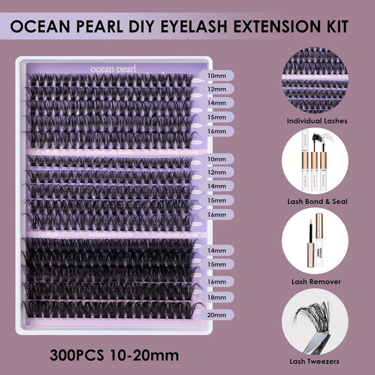 Ocean Pearl DIY Lash Extension Kit 300PCS Lash Cluters 10-20mm 40D 50D 100D Thick Eyelash Extension Kit Long Eyelashes Natural Individual Lashes with Bond&Seal&Remover&Tweezers-300