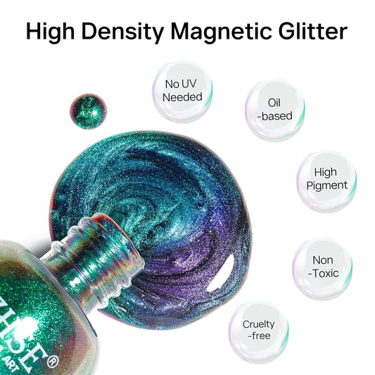 MIZHSE Quick Dry 9D Cat Eye Nail Polish Non Gel, Green to Purple Magnetic Nail Polish with Magnet, Air Drying Fast Cateye Nail Lacquer Galaxy Effect Manicure Home Gift for Women 15ml