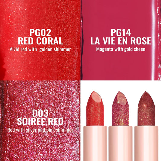 Oulac Moisture Red Lipstick Set 3PCS - Infinity High Shine Finish, Hydrating Vegan Lipstick Infused with Damask Rose Oil for All-Day Comfort, Gluten-Free, PG02+PG14+D03