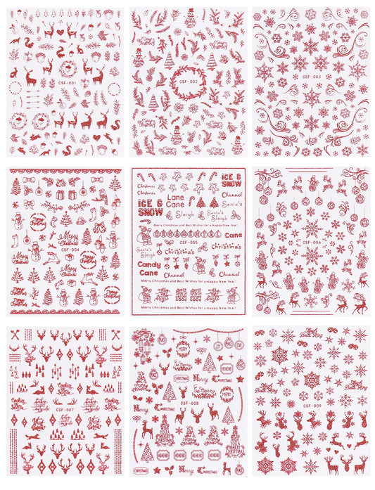 JMEOWIO 9 Sheets Christmas Glitter Nail Art Stickers Decals Self-Adhesive Red Nail Supplies Nail Art Design Decoration Accessories