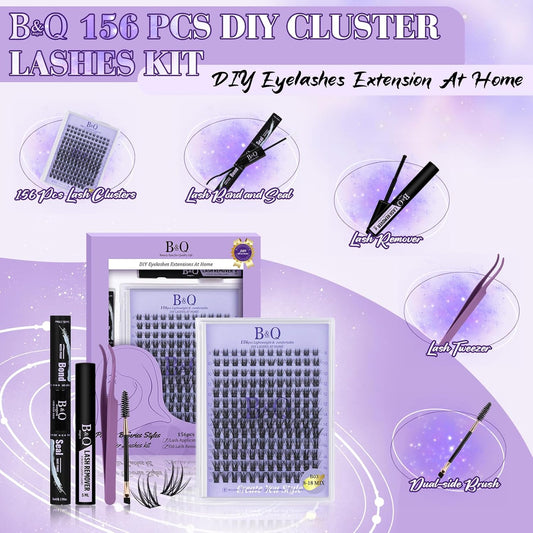 Lash Extension Kit B03 Eyelash Extension Kit B&Qaugen DIY Lash Extension Kit 156 PCS Lash Clusters 8-18mm Cluster Eyelash Extensions Kit with Lash Bond and Seal Lash Applicator Tool (Kit,B03)