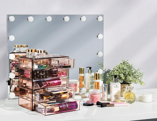 Sorbus Acrylic Clear Makeup Organizer - Big & Spacious Cosmetic Display Case - Stylish Designed Jewelry & Make Up Organizers and Storage for Vanity, Bathroom (4 Large, 2 Small Drawers) [Bronze Glow]