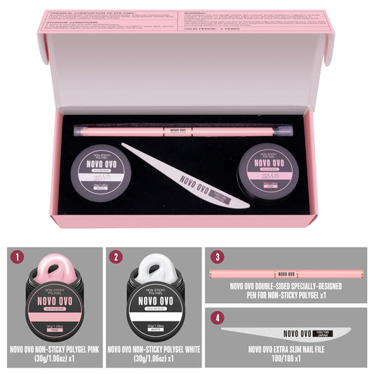 Upgraded NON-STICKY Polygel Solution Procedure Set, White and Pink non-sticky Poly Gel, Dual-Ended Nail Pen, Extra Slim Nail File, Easy to Use Together with Toe or Hand Nail Dual Forms