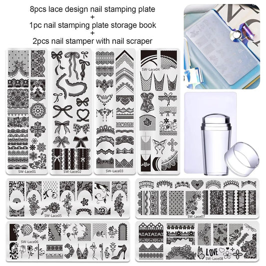 Lace Nail Stamping Plate Set - French Tip Stamp Silicone Nail Stamper Kit Bow Lace Design with Nail Stamp Plates Laser Storage Bag Nail Art Stencil Nail Supplies for Home DIY &Professional Salon