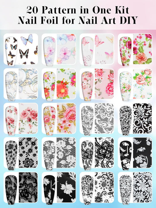 Kalolary 30ML Nail Foil Glue Gel with 20Pcs Foil Transfer Stickers Set, Starry Sky Lace Flower Transfer Stickers DIY Decoration for Salon or Home Use