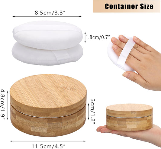 ELLDOO Body Powder Puff and Container, 10oz Empty Bamboo Case with Aluminum Inner Jar, Travel Loose Dusting Powder Storage Box with 2pcs Powder Puffs for Baby Women