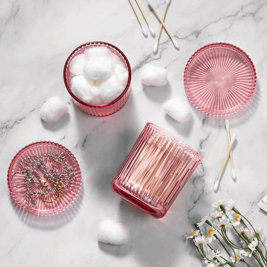 2 Pack Qtip Holders for Bathroom, Clear Glass Apothecary Jars with Lids,Vintage Bathroom Canisters for Cotton Balls,Swabs,Floss Picks,Hair Ties,Vanity Organizer and Storage Decor (Pink)