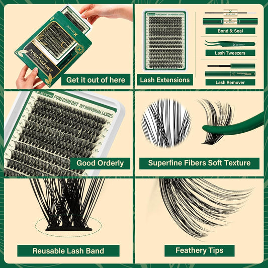 KEYYOU DIY Lash Extension Kit 300pcs 80D D Curl Soft Lash Clusters Easy to Apply with Lash Bond and Seal Applicator and Remover Eyelash Extension Kit at Home(RMkit-80D-D-9-18mix)