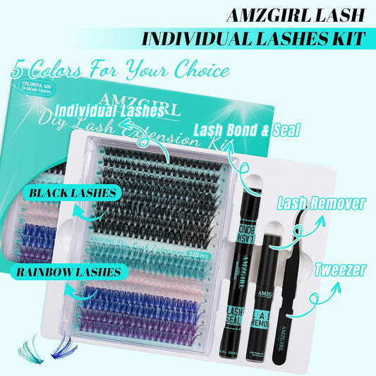 Lash Clusters Kit 320Pcs,40D Eyelash Extension Kit,Lash Bond and Seal Waterproof,Lash Remover for Colorful Individual Cluster Lashes Kit,Lash Applicator Tool for DIY Lash Extension Kit(D-Mix9-16mmKit)