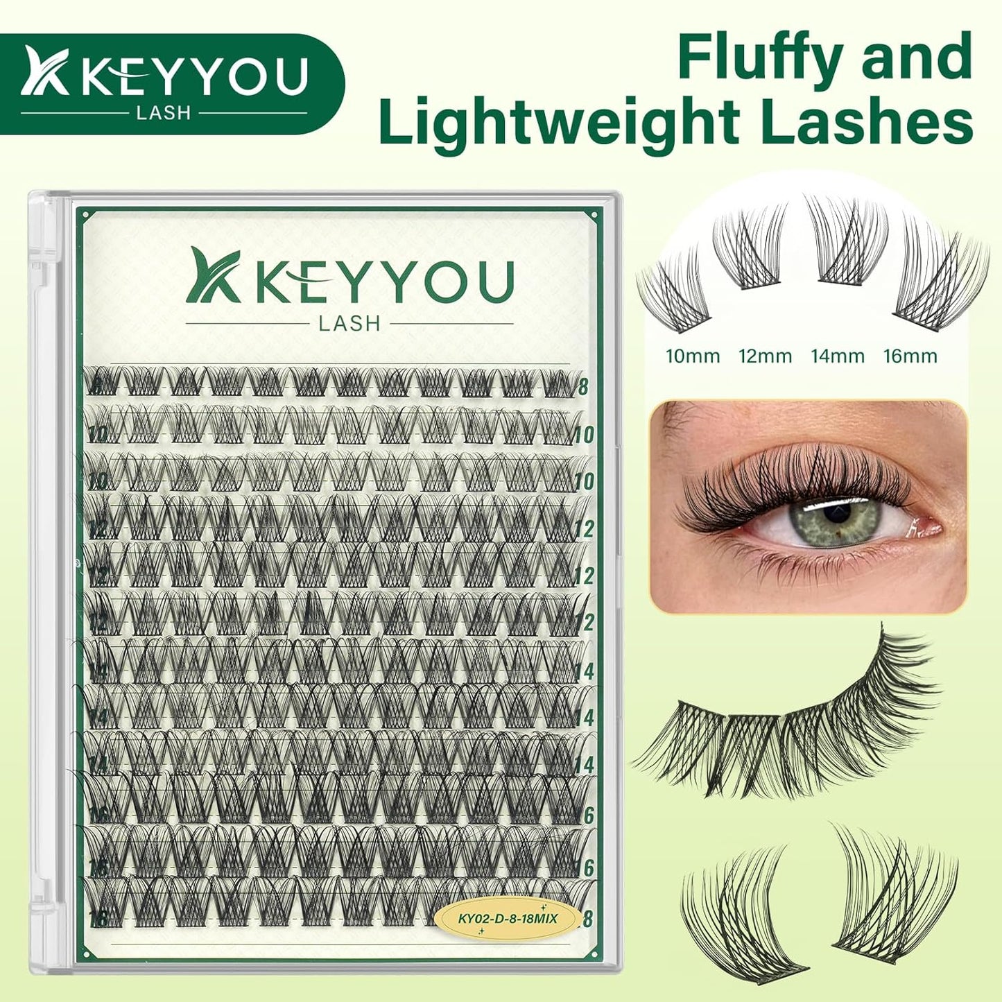 KEYYOULASH Lash Clusters Manga Lash Extension D Curl 144pcs 8-18mm Wispy Eyelash Clusters Natural Volume Eyelash Extensions Individual Lashes DIY at Home(KY02,D-8-18MIX)