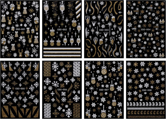 JMEOWIO 8 Sheets Christmas Glitter Nail Art Stickers Decals Self-Adhesive Snowflake Winter Holiday Cute Nail Supplies Nail Art Design Decoration Accessories