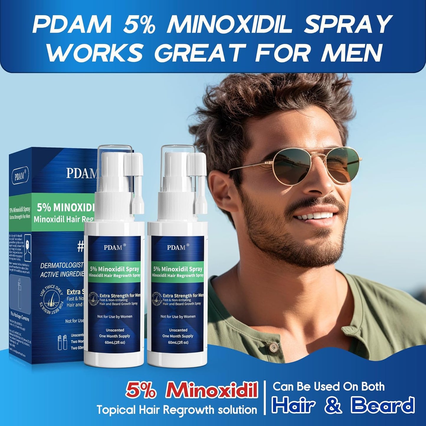 Minoxidil for Men Hair Growth Spray - 5% Topical Minoxidil for Hair and Beard Growth, Extra Strength Hair Regrowth Treatment for Hair Loss & Thinning Hair, 2 Fl Oz (60ml) *2