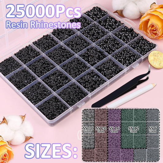 25000Pcs Resin Jelly Rhinestones for Crafting, Black 2-6mm Mixed Sizes Non Hotfix Flatback Gems, Bedazzling Crystal for DIY Crafts Clothing Tumblers Mugs Shoes Fabric Nail Art