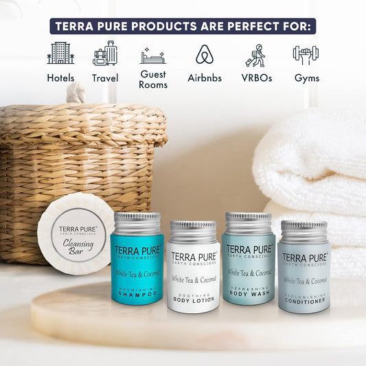 Terra Pure White Tea & Coconut Hotel Size Toiletries Set | 1-Shoppe All-In-Kit | 1 oz. Liquids and 1.25 oz. Bar Soap | Amenities For Hotels, Airbnb & Rentals | (75 pieces)