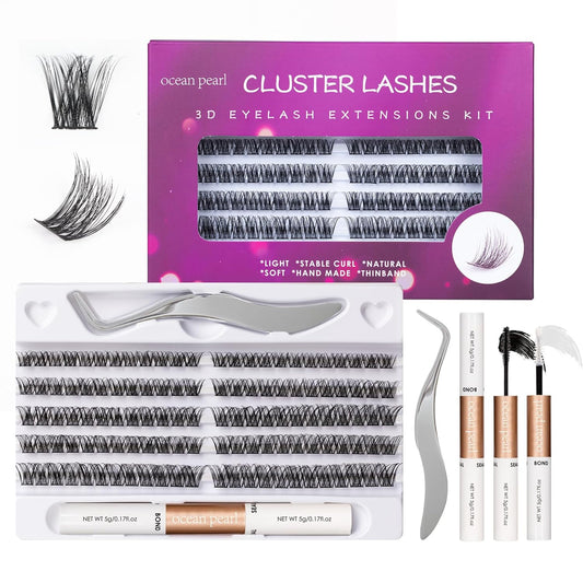 Individual Lashes 120 Cluster Lashes DIY Eyelash Extension Thin Band Wide Stem Lash Clusters with Applicator and Lash Bond and Seal Lash Extension Kit Mix 10-16mm Length C/D Curl - OP01