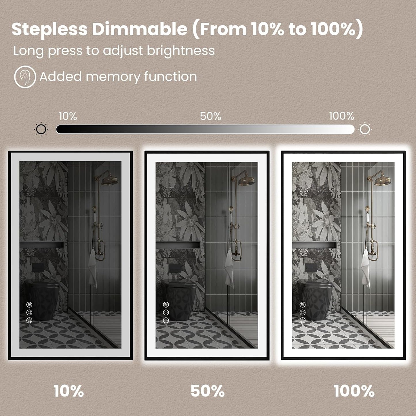 Amorho 40"x 32" LED Bathroom Mirror with Black Frame, Front Light and Backlit(Controlled Separately), Stepless Dimmable, Anti-Fog, Shatter-Proof, 3 Colors, Memory