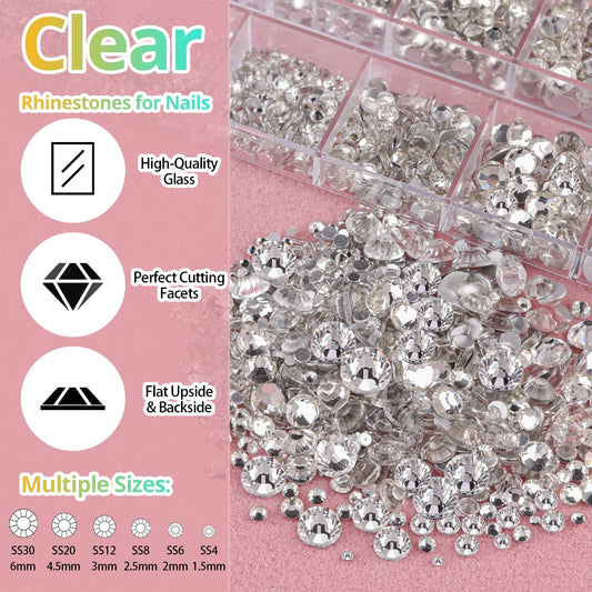 1.5-6mm Round Flatback Face Gems Kit (Clear) for Makeup with Quick Dry Glue + Brush + Tweezer, Nail Art Rhinestones Transparent White Glass Crystal Beads for Make-up Deco