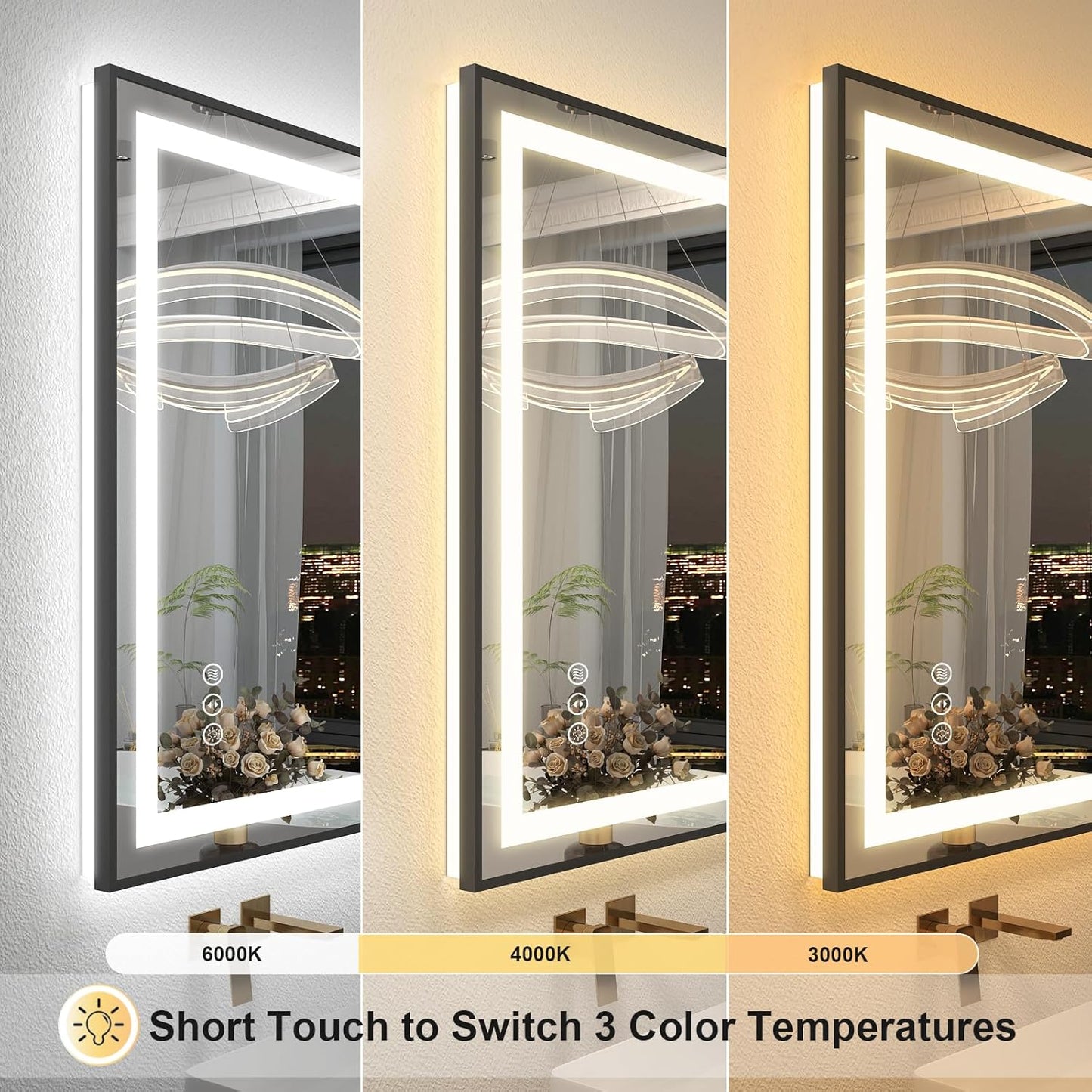 OKPAL 60x36 LED Bathroom Mirror with Lights, Lighted Mirrors for Bathroom Wall, Black Lighted Bathroom Mirror, Dimmable, Anti-Fog, Memory, Shatterproof, ETL Listed (Front Lights and Backlit)