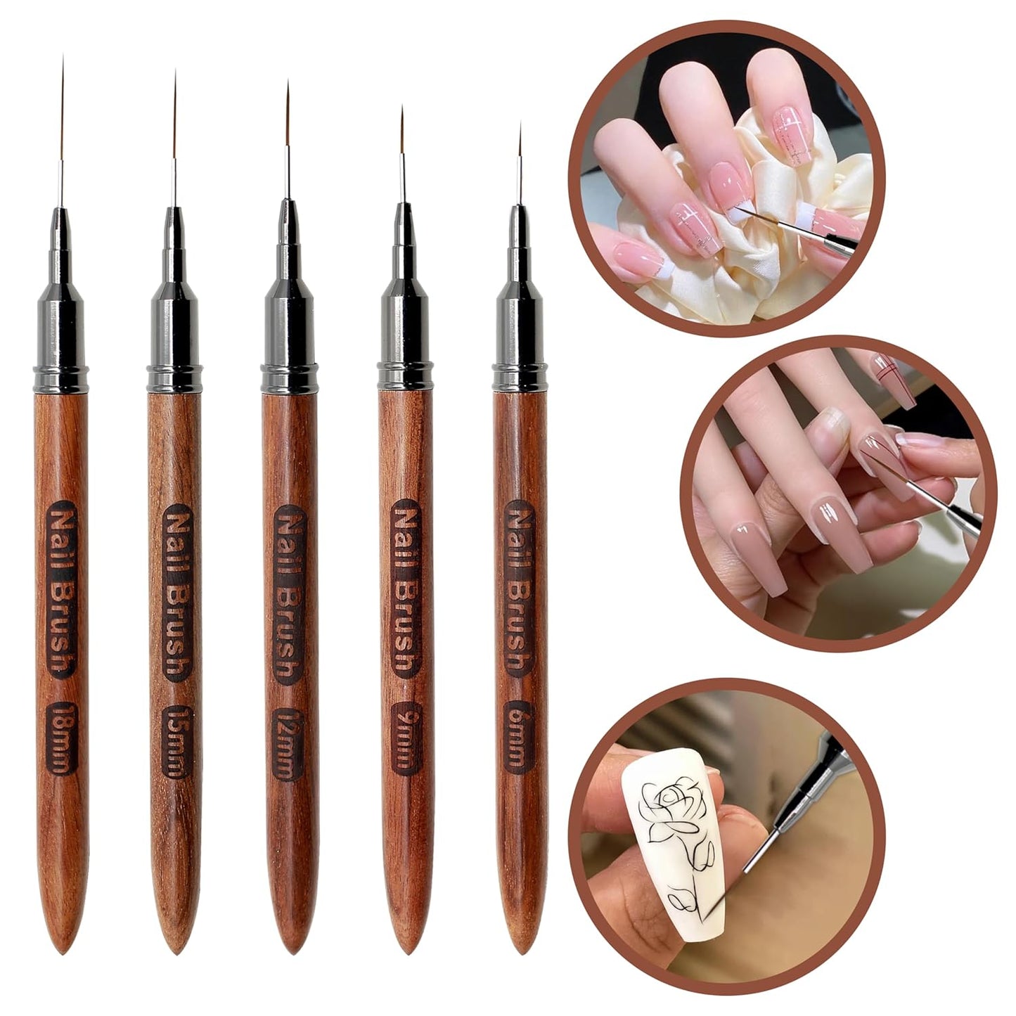 Nail Art Brushes, 5Pcs Wooden Nail Art Liner Brushes,Natural color,Painting Art Design Brush Set Nail Dotting Drawing Tool For Long Lines, Thin Details, Fine Drawing Sizes 6/9/12/15/18mm