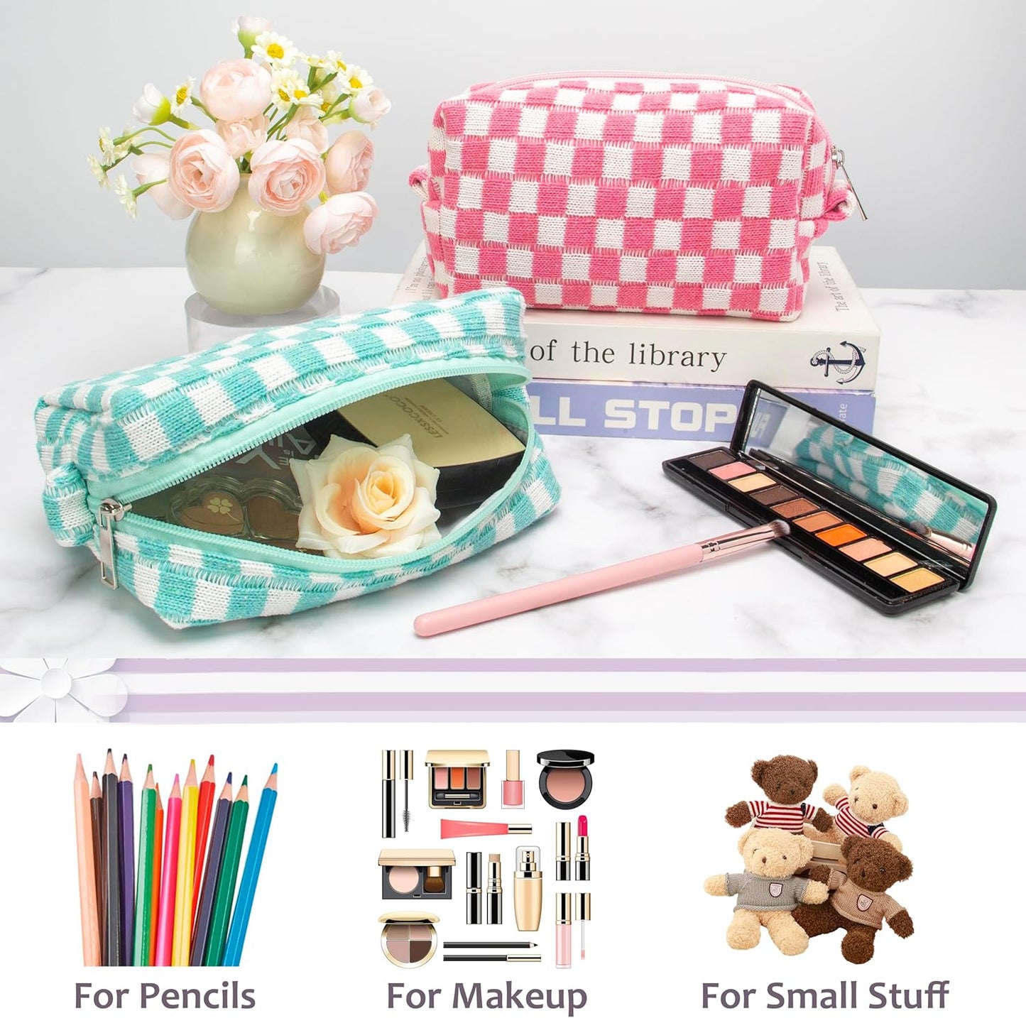 PAZIMIIK Checkered Makeup Bag for Purse Portable Zipper Make Up Pouch Small Cosmetic Case for Travel Accessories (6PCS Arctic Blue)