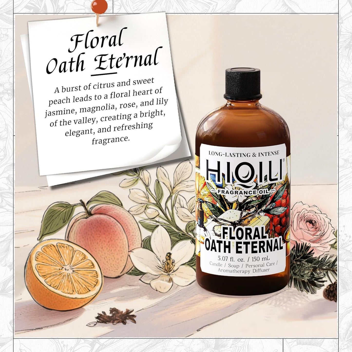HIQILI Floral Oath Eternal Fragrance Oil, Jasmine & Peach Scents, Perfect for Soap & Candle Making, Essential Oil Diffusers, Skin and Body Scenting - 5.07 Fl Oz
