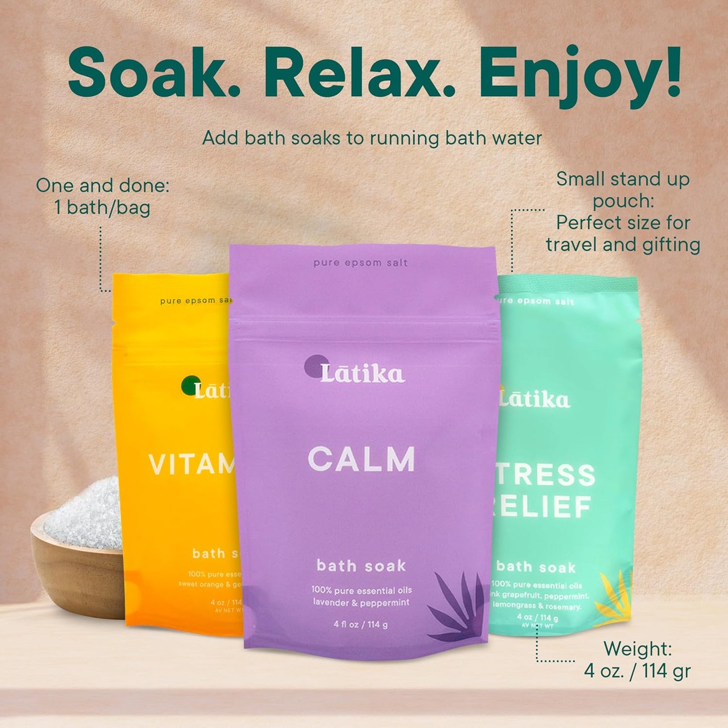 Soaks Set of 3 – Rejuvenate, Calm & Stress Relief Bath Soak with Essential Oils | Epsom Salt for Muscle Recovery & Skin Nourishment | Vitamin C, Lavender Mint, Grapefruit & More
