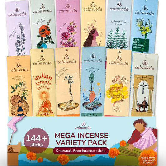 Natural Incense Sticks Mega - Variety Pack (144 Insence-Sticks Bulk, 12 Aromas) Clean No Charcoal, Made from Upcycled Flowers | Organic Incense Stick Non Toxic (Slow Burn, Longlast)
