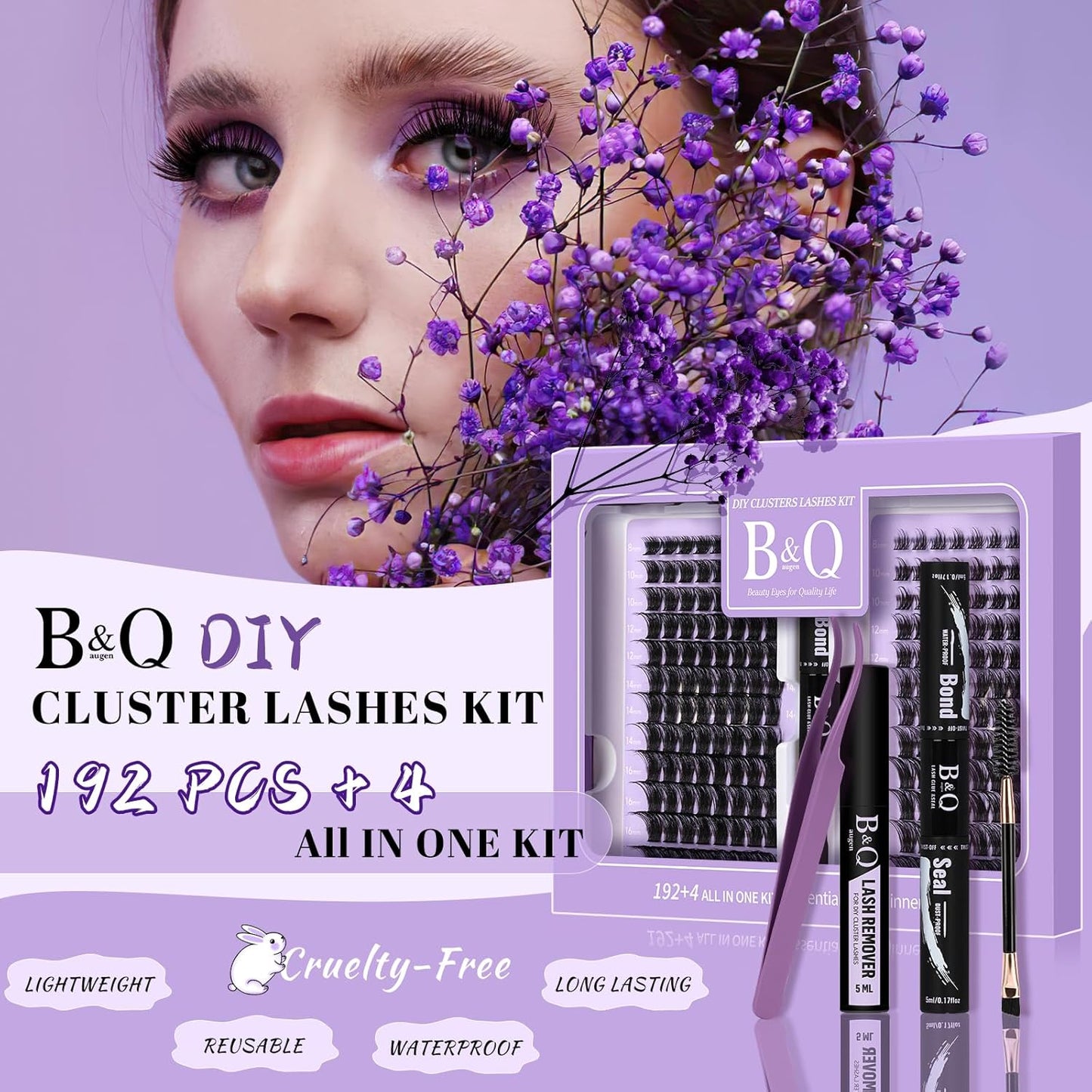 B&Q Lash Extension Kit 192 pcs Eyelash Extension Kit B19+B28 8-18mm Mixed Lash Clusters Kit Individual Lashes Kit Wispy with Lash Glue and Remover Applications Eyelash Kit (B19+B28, Kit)