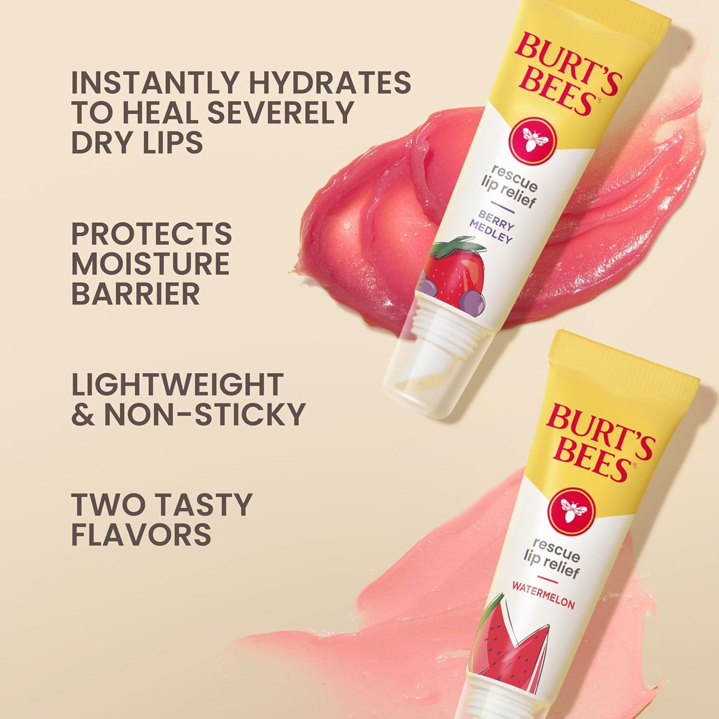 Burt's Bees Rescue Lip Relief, Watermelon & Berry Medley, Hydrating Lip Balm for Dry Cracked Lips, with Responsbily Sourced Beeswax and Shea Butter, 100% Natural Origin, 2 Pack, 0.35oz