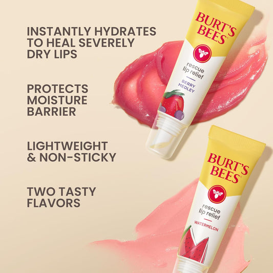 Burt's Bees Rescue Lip Relief, Watermelon & Berry Medley, Hydrating Lip Balm for Dry Cracked Lips, with Responsbily Sourced Beeswax and Shea Butter, 100% Natural Origin, 2 Pack, 0.35oz