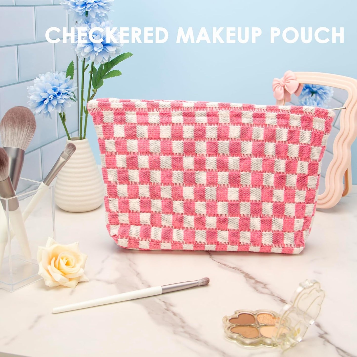 Knitted Checkered Makeup Bag Large Zipper Make Up Accessory Pouch for Purse Cosmetic Brush Bag for Travel Essential Pink White