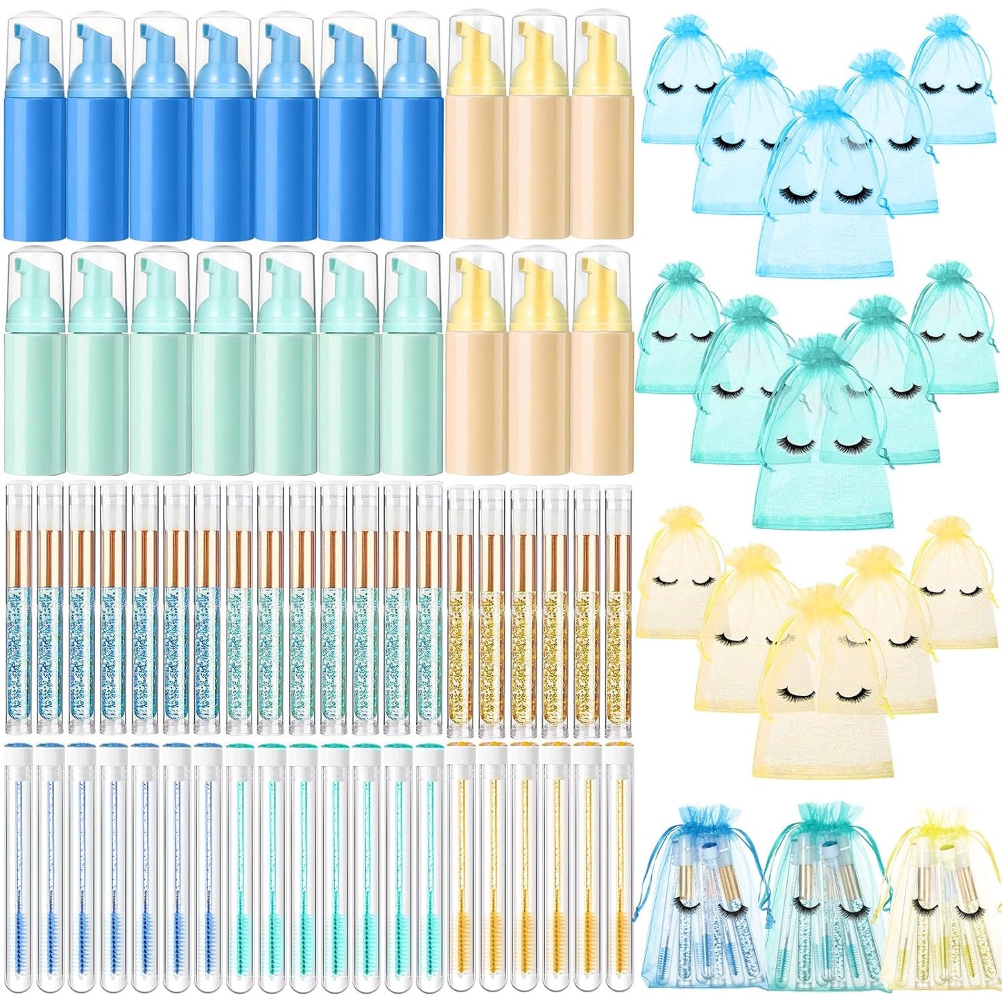 Zhehao 80 Pcs Lash Shampoo Bottle Brushes Kit 20 Foam Pump Dispensers 20 Lash Shampoo Brushes 20 Eyelash Aftercare Bag 20 Cleaning Pipes, Eyelash Extension Supplies (Multicolor)
