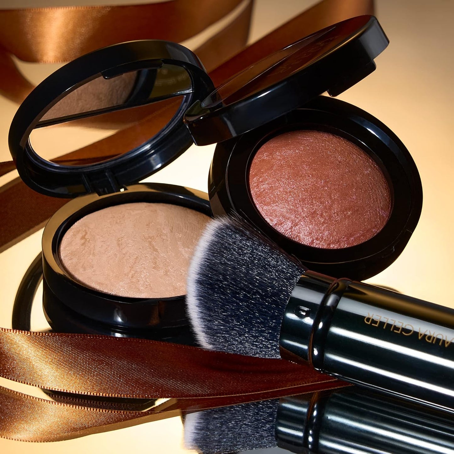 Blush-n-Glow Kit (3 PC): LAURA GELLER NEW YORK Baked Balance-N-Glow Illuminating CC Powder Foundation Golden Medium, Retractable Kabuki Brush, Baked Blush-N-Brighten Pink Grapefruit