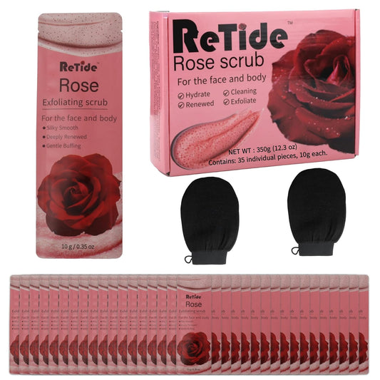 Rose Body Scrub Gift Set - 35 Packets & 2 Pcs Exfoliating Gloves,Exfoliating & Moisturizing Sugar Scrub for Face & Body, Self Care Gifts for Women