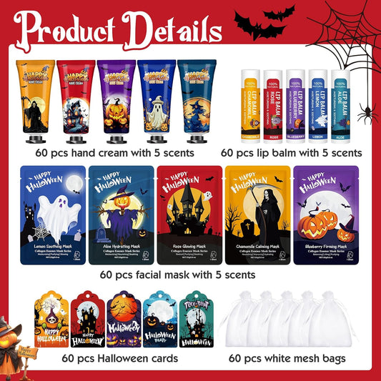 60 Pack Bulk Halloween Facial Mask, Hand Cream and Lip Balm Sets, Halloween Gifts, Halloween Party Favors, Halloween Decorations and Halloween Basket Stuffers with Halloween Card and Organza Bags