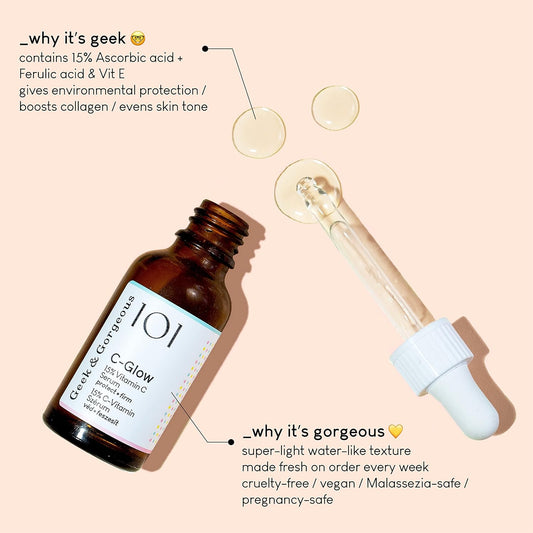 Geek & Gorgeous - C-Glow - 15% Vitamin C + Ferulic acid & Vitamin E Serum, protects against environmental damage, boosts collagen & evens skin tone - all skin types, 1 oz
